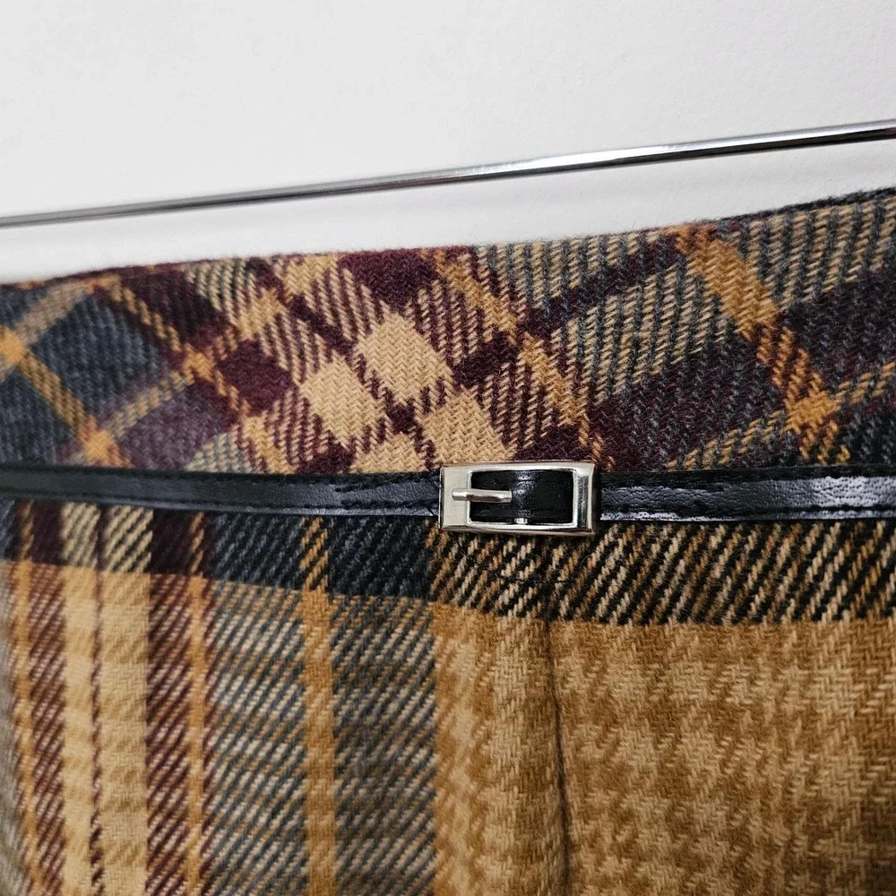 Vintage Brown Plaid Pencil Skirt 4P Wool Blend Midi Belted Heritage Academia
